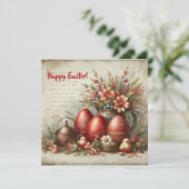 古いレトロファッションドな赤いイースターエッグ春の花 シーズンカード (スタンド正面)
