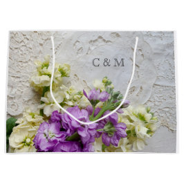 古いレースに白と紫の花 ラージペーパーバッグ