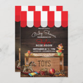 古いヴィンテージおもちゃ木製トイボックスベビーシャワー 招待状 (正面/裏面)