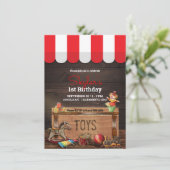 古いヴィンテージおもちゃ木製トイボックス1st誕生日 招待状 (スタンド正面)