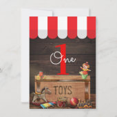 古いヴィンテージおもちゃ木製トイボックス1st誕生日 招待状 (裏面)