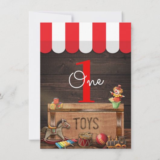 古いヴィンテージおもちゃ木製トイボックス1st誕生日 招待状 (裏面)