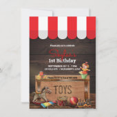 古いヴィンテージおもちゃ木製トイボックス1st誕生日 招待状 (正面)