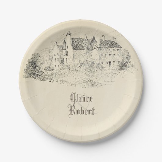 古いヴィンテージのおとぎ話の城の結婚式 ペーパープレート (正面)