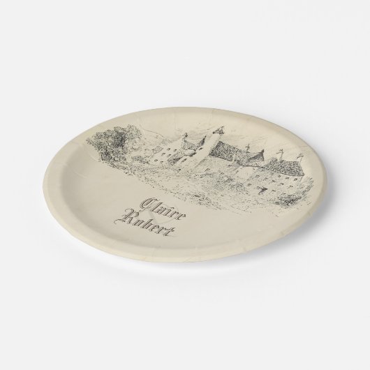 古いヴィンテージのおとぎ話の城の結婚式 ペーパープレート (アングル)