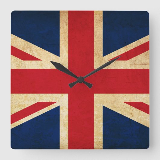 古いヴィンテージのグランジなイギリス旗の英国国旗 スクエア壁時計 (正面)