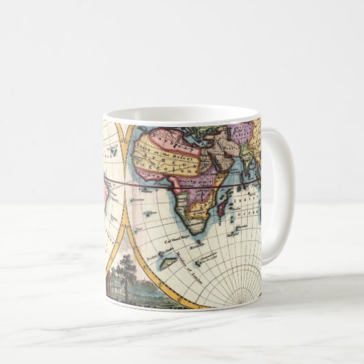 古いヴィンテージの旧式な世界地図のイラストレーションのスケッチ コーヒーマグカップ (正面右)
