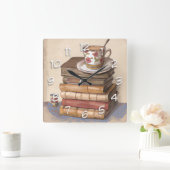 古いヴィンテージの本とコーヒー1杯 スクエア壁時計 (ホーム)