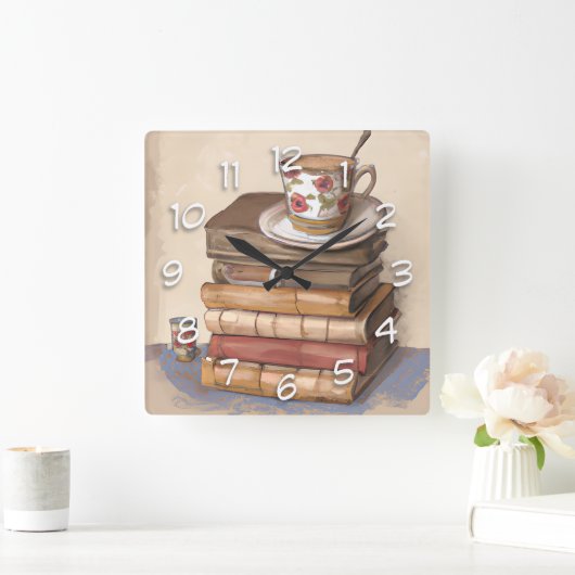 古いヴィンテージの本とコーヒー1杯 スクエア壁時計 (ホーム)
