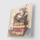 古いヴィンテージの本とコーヒー1杯 スクエア壁時計 (傾斜)