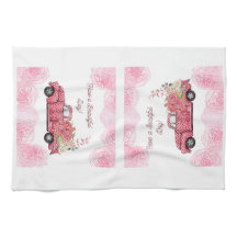 古いヴィンテージピンクピックアップトラックキッチンタオル