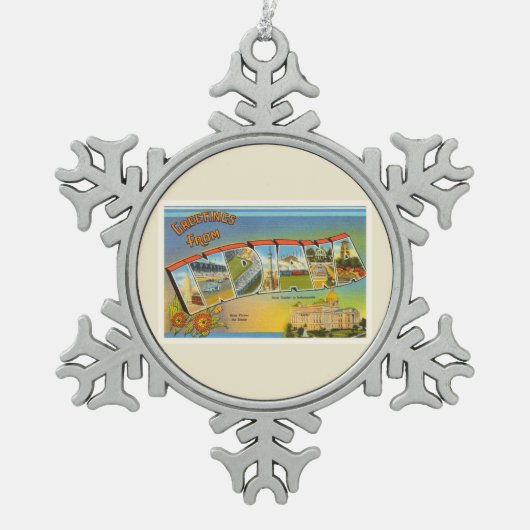 古いヴィンテージ旅行記念品のインディアナ州 スノーフレークピューターオーナメント (正面)