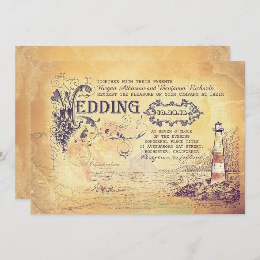 古いヴィンテージ灯台の航海の結婚式の招待 招待状 (正面/裏面)