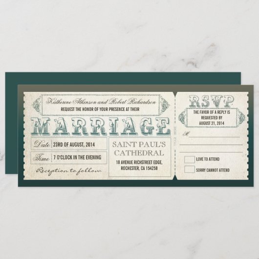 古いヴィンテージ結婚式招待状-チケット&RSVP 招待状 (正面/裏面)