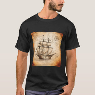 古いヴィンテージ航海のマップ海賊船セーリングボート海 Tシャツ