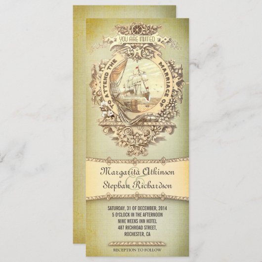 古いヴィンテージ航海の結婚式招待状 招待状 (正面/裏面)