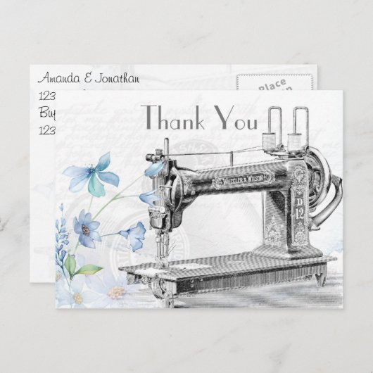 古いヴィンテージ裁縫機械ありがとう ポストカード (正面/裏面)
