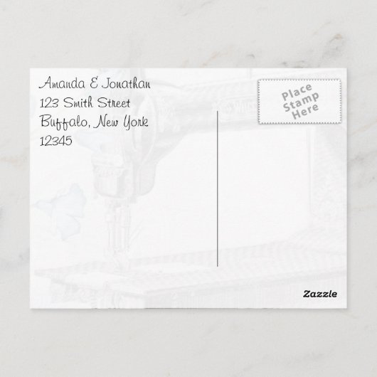 古いヴィンテージ裁縫機械ありがとう ポストカード (裏面)