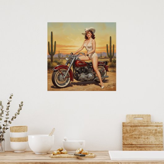 古い学校のレトロのピンアップ女の子バイク ポスター (キッチン)