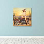 古い学校レトロピンアップ女の子バイク キャンバスプリント (インサイチュ (ウッドフロア))