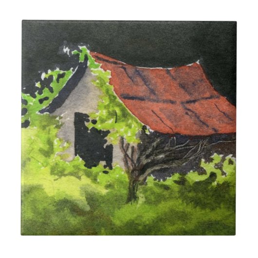 古い小屋はつる植物と黒い嵐の空 タイル (正面)