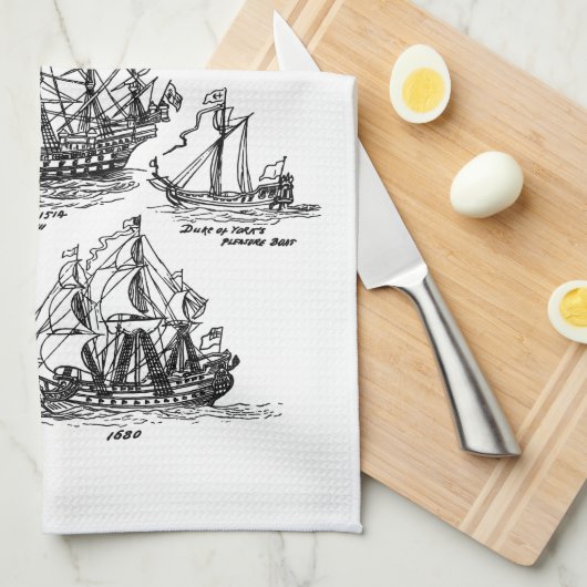 古い帆船 キッチンタオル (四つ折り)