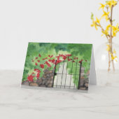 『古い庭の門』水彩画の白紙グリーティングカード カード (黄色い花)