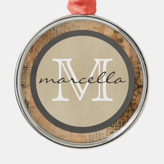 古い引き裂かれたヴィンテージ新聞モノグラム メタルオーナメント (正面)