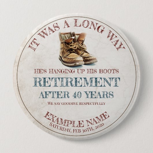 古い拍車での退職発表 缶バッジ (正面)