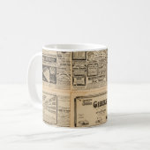 古い新聞:ヴィンテージ紙背景。 コーヒーマグカップ (正面左)