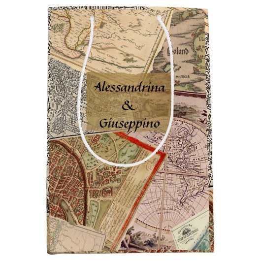 古い旅行はヴィンテージのコラージュ、名前をカスタムするの地図を描きます ミディアムペーパーバッグ (正面)