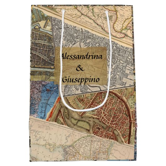 古い旅行はヴィンテージのコラージュ、名前をカスタムするの地図を描きます ミディアムペーパーバッグ (裏面)