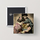 古い日本ヴィンテージの日本語の2芸者のための茶 缶バッジ (正面&裏面)