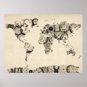 古い時計からの世界地図の地図 ポスター