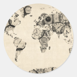 古い時計からの世界地図の地図 ラウンドシール