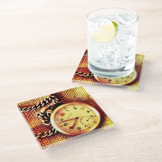 古い時計とチェーン ガラスコースター (アングル)