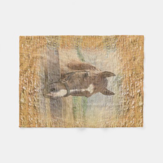 古い木のホールターを搭載するブラウンの馬 フリースブランケット (正面(横))