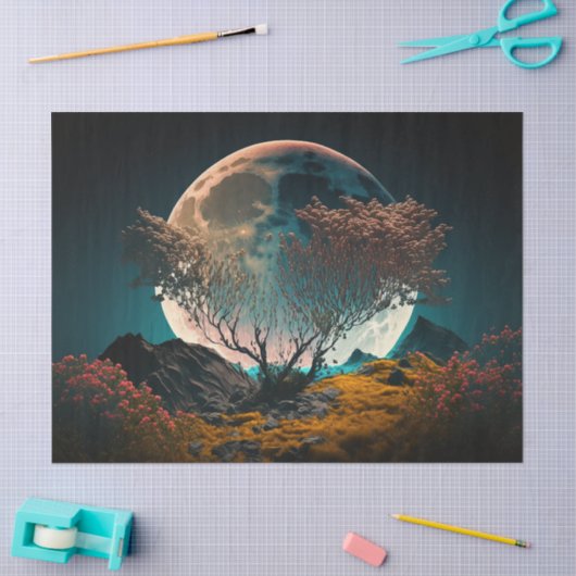 古い木の切り離しの後ろの満月 薄葉紙 (クラフト)