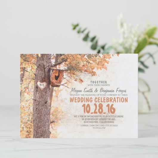 古い木の田舎の結婚式の招待状 招待状 (スタンド正面)