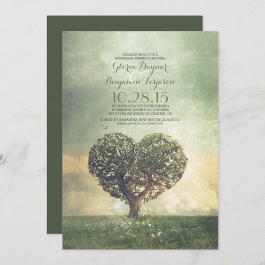 古い木の素朴な田舎のリハーサルディナー 招待状 (正面/裏面)