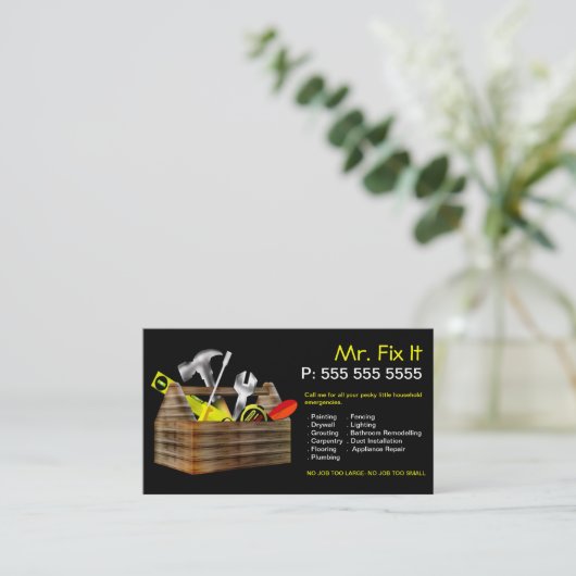 古い木の道具箱修理便利屋の名刺 名刺 (スタンド正面)