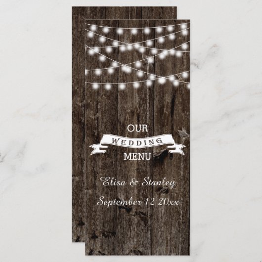 古い木材のメニューカー結婚ドのライトの列 メニュー (正面/裏面)