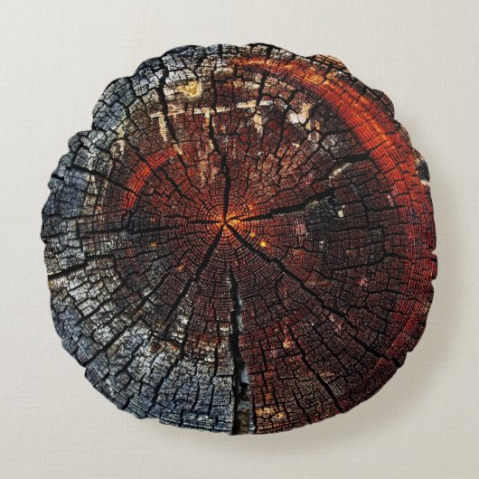 古い木材リングヴィンテージの燃焼 ラウンドクッション (正面)