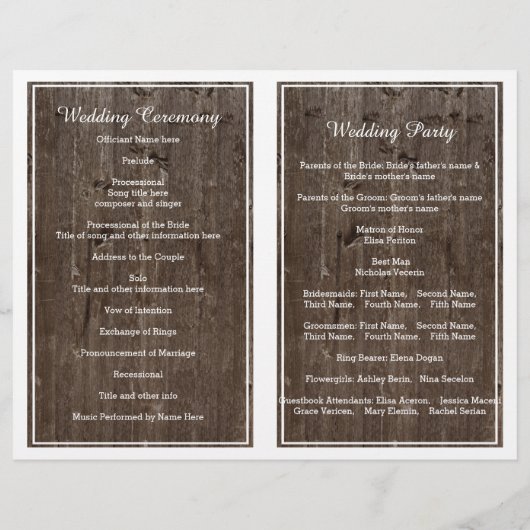 古い木製の折り畳まれた結婚式のプログラムのストリングライト (裏面)