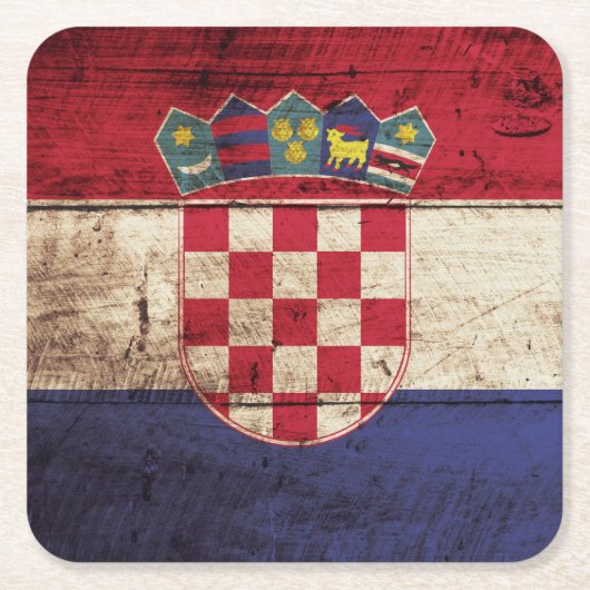 古い木製の穀物のクロアチアの旗 スクエアペーパーコースター (正面)