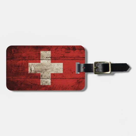 古い木製の穀物のスイス連邦共和国の旗 ラゲッジタグ (正面横)