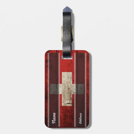 古い木製の穀物のスイス連邦共和国の旗 ラゲッジタグ (裏面縦)