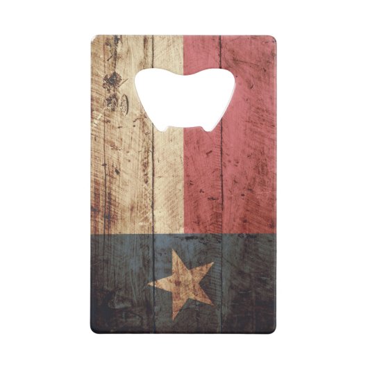 古い木製の穀物のテキサス州の州の旗 クレジットカード栓抜き (正面)