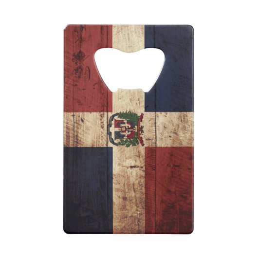 古い木製の穀物のドミニカ共和国の旗 クレジットカード栓抜き (正面)