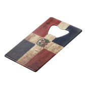 古い木製の穀物のドミニカ共和国の旗 クレジットカード栓抜き (裏面アングル)